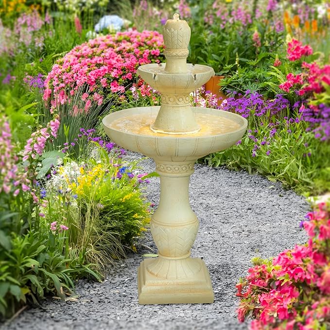 3-Tier Outdoor Water Fountain with LED Lights, 45.5" Italian Resin Garden Fountain for Patio, Yard, and Porch – Weather-Resistant Cascading Waterfall Feature with Quiet Pump, Elegant Backyard Décor