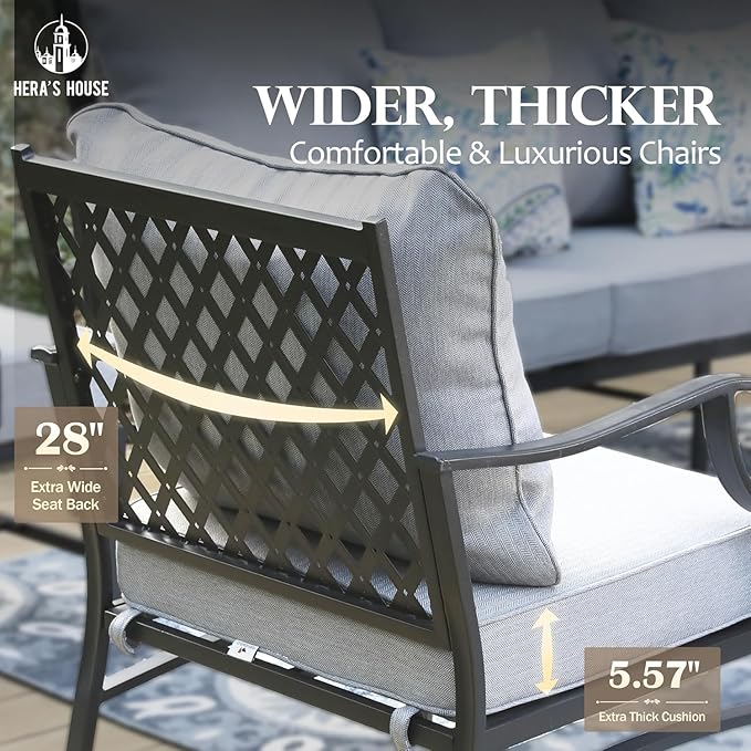 HERA'S HOUSE 6 Pieces Patio Furniture Set with Fire Pit Table, 2 x Rocking Chair, 2 x Ottoman, 3-Seat Sofa with 45" Fire Pit Table, Outdoor Conversation Set for Garden Poolside Backyard, Grey