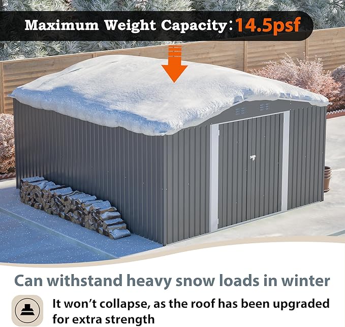 12×14 ft Outdoor Metal Storage Shed, Large Garden Tool Shed with Lockable Double Doors, Waterproof Yard Building, Patio, Light Gray