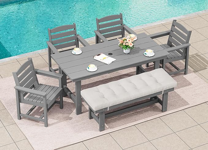 SERWALL Outdoor Dining Set for 6, HDPE Outdoor Furniture with Umbrella Hole & 1 Cushioned Bench & 4 Outdoor Dining Chairs, Grey