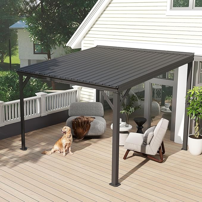 8x8FT Lean to Gazebo, Outdoor Hardtop Wall Mounted Gazebo with Gutter & Sloping Galvanized Steel Roof, Metal Hard Top Awnings for Deck, Porch, Backyard