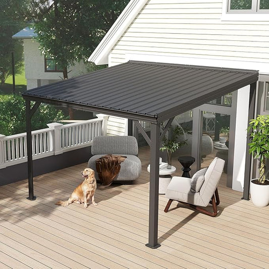 8x8FT Lean to Gazebo, Outdoor Hardtop Wall Mounted Gazebo with Gutter & Sloping Galvanized Steel Roof, Metal Hard Top Awnings for Deck, Porch, Backyard