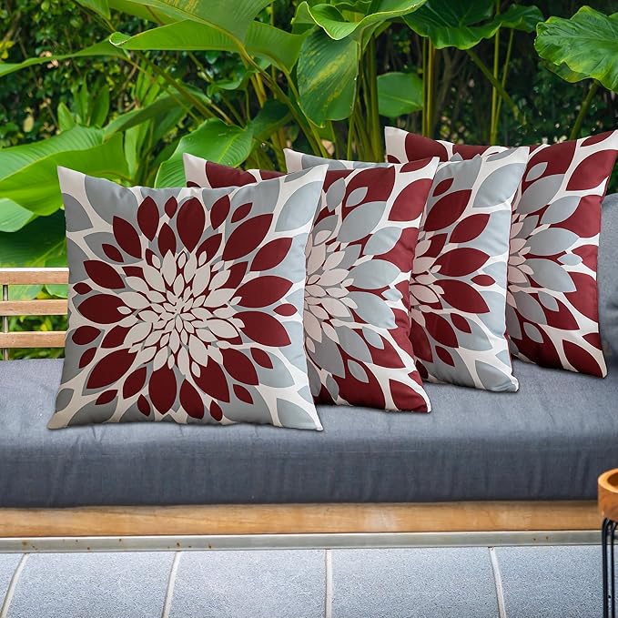Qahing Pack of 4 Outdoor Waterproof Pillow Covers 18x18 Decorative Outdoor Throw Pillows Garden Square Cushion Cases for Patio Furniture, Couch, Tent Sunbrella, Bench, Burgundy Red Grey