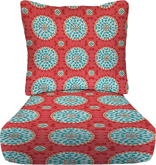 RSH DECOR Deep Seating Cushion with Pillow Back | 25” x 25.5” Seat | Water and Fade-Resistant Spun Fabric | Outdoor Chair Cushion Set for Patio Furniture | Watermelon Sundial