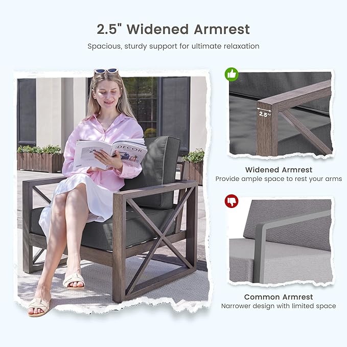UDPATIO 4 Piece Faux Wood Aluminum Patio Furniture Set Modern Outdoor Furniture Sets with Coffee Table for Deck Porch Patio, 600D Waterproof Cover Included, Dark Grey
