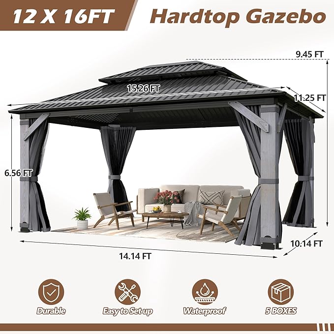 12 x 16FT Wood Gazebo, Wooden Frame Gazebos with Netting and Curtains,Outdoor Hardtop Gazebo with Wood Posts and Galvanized Steel Doule Roof for Lawn, Backyard Deck