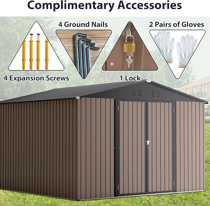 10x10 FT Outdoor Storage Shed, Large Metal Garden Shed with Lockable Hinged Doors, Outside Tool Shed with Sloped Roof & 4 Air Vents, Waterproof Storage Building for Backyard, Patio, Lawn, Brown
