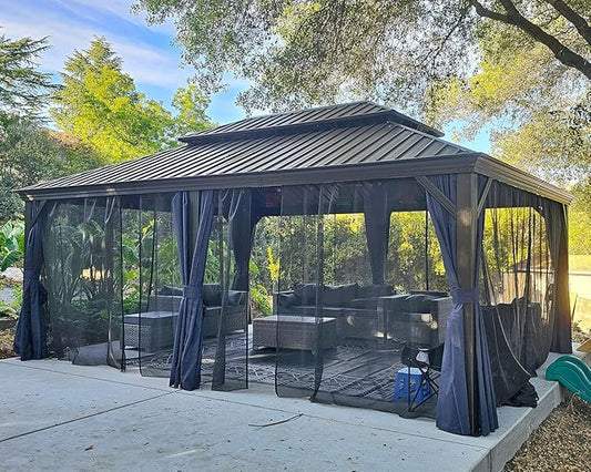 PURPLE LEAF 14' X 20' Outdoor Hardtop Gazebo Patio Wide Aluminum Frame Metal Double Roof with Heavy Duty Netting and Curtains for Permanent Hard Top Pavilion Screen, Navy Blue