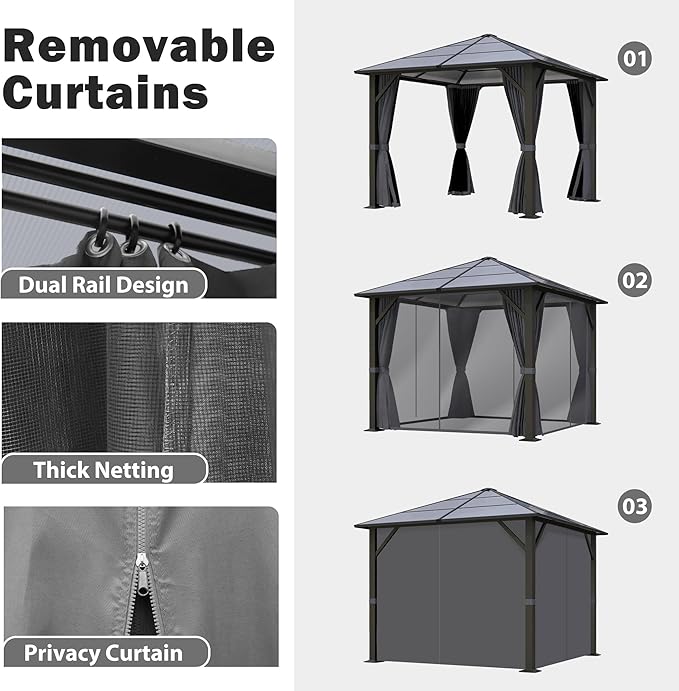 10x10FT Gazebo Hardtop, Outdoor Patio Gazebos with Polycarbonate Roof & Steel Frame, Outdoor Pavilion with Gray Curtain&Netting for Backyard/Lawn/Garden/Deck