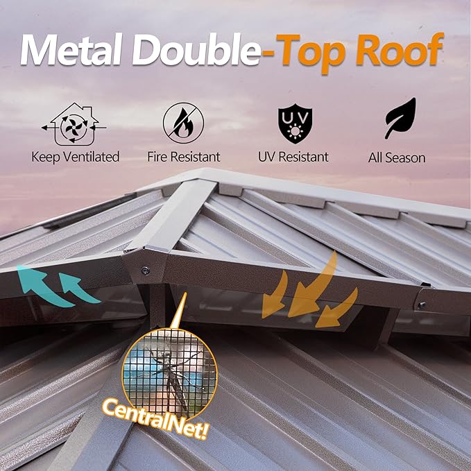 12' x 18' Outdoor Hardtop Gazebo Aluminum Frame with Double Metal Roof, Canopy Netting, Curtain, Patio Permanent Galvanized Steel Gazebo for Backyard, Garden, Party, Deck, Lawn