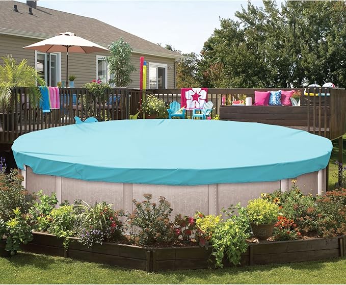ECOOPTS 9 ft Waterproof Round Polyester Pool Cover for Above Ground Pools, Swimming Pool Cover Protector Winter Safety Cover (Turquoise)