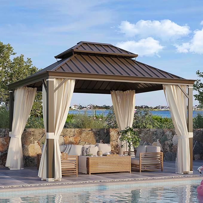 YOLENY 10' x 12' Gazebo, Galvanized Steel Double Roof Hardtop Gazebo with Aluminum Frame, Permanent Outdoor Metal Pavilion with Curtain and Netting for Patio, Lawn and Garden