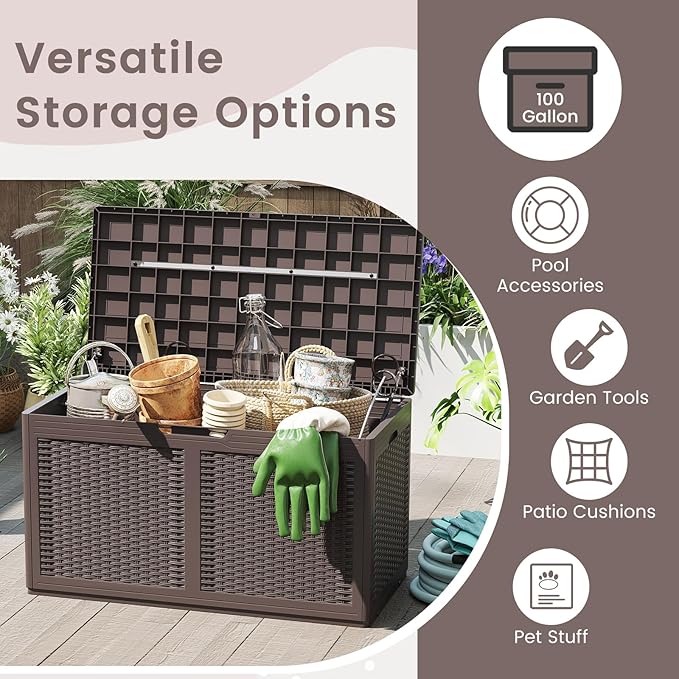 RELAX4LIFE 100-Gallon Resin Deck Box - Waterproof Outdoor Storage Box Container w/Lockable Lid & Wheels, Faux Rattan Porch Bench for Patio Furniture Cushions, Pool Accessories, Garden Tools (Brown)