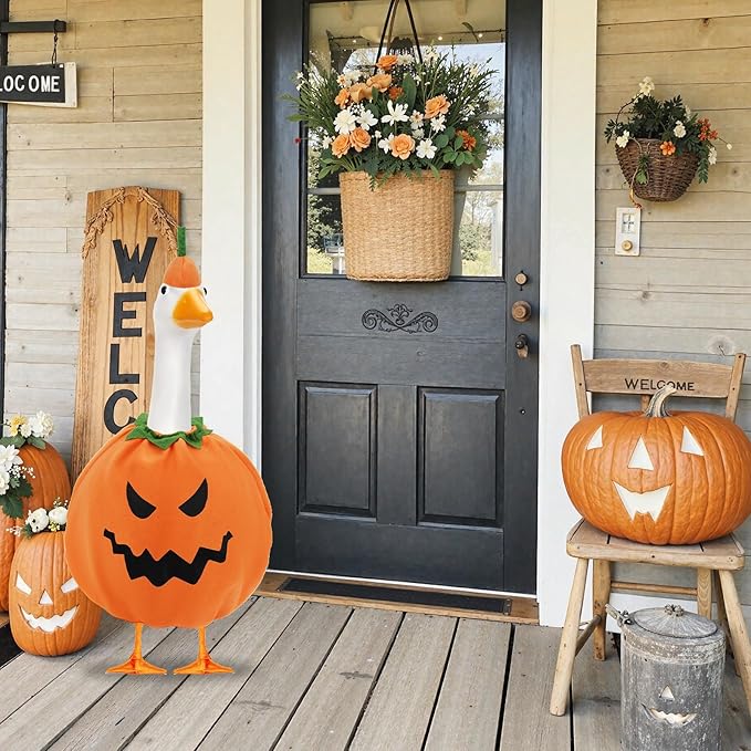 Halloween Goose Outfit,Pumpkin Goose Costume with Hat,Premium Soft Fabric Goose Outfit,Yard Silly Lawn Duck Shirt for 23'' Cement Porch Goose Duck Decorations,Outdoor Patio Yard Lawn Decoration