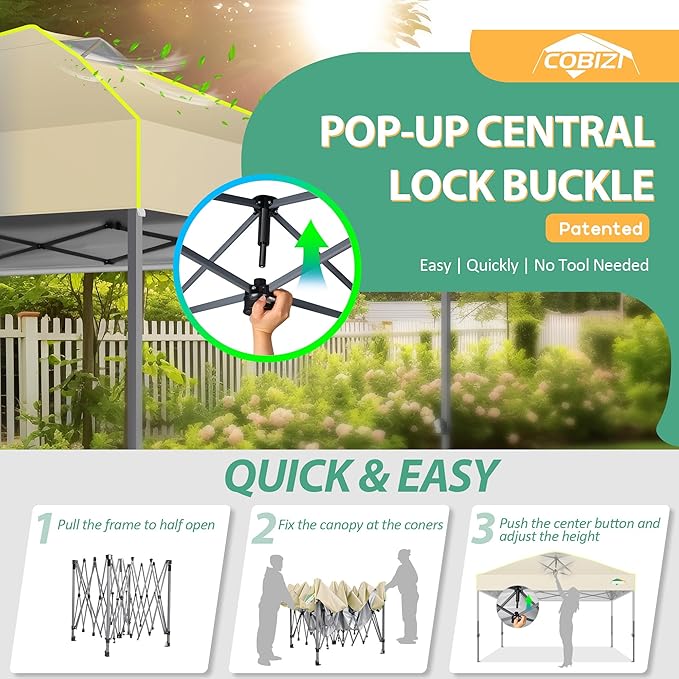 COBIZI Canopy 10x10 Pop Up Canopy Tent 1-Button Push Easy up Outdoor Canopy Instant Portable Commercial Shelter Waterproof UPF50+ Gazebo with Reflective Strip, Air Vent & 4 Sandbags,Khaki