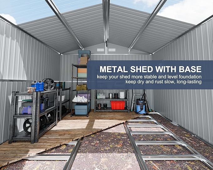 10x12 FT Metal Outdoor Storage Shed with Base Frame, Reinforced Frame Heavy Duty Large Waterproof Garden Tool Sheds with Unique Skylight Windows Air Vent for Patio Yard，Dark Grey