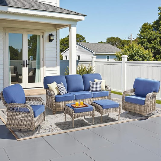 5 Pieces Patio Furniture Set Outdoor Sectional Sofa Couch with Rocking Swivel Chairs 5" Deep Seat Chairs, Modern Wicker Rattan Conversation Set, Blue/Gray Wicker