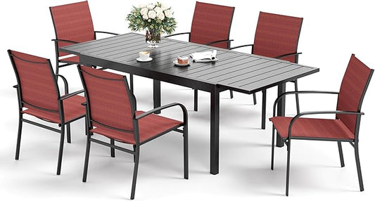 Patio Dining Set 7 PCS, Outdoor Red Dining Chairs for 6, Rectangular Steel Extendable Dining Table,Patio Dining Table and Chairs for Outdoor Lawn Garden,Deck.
