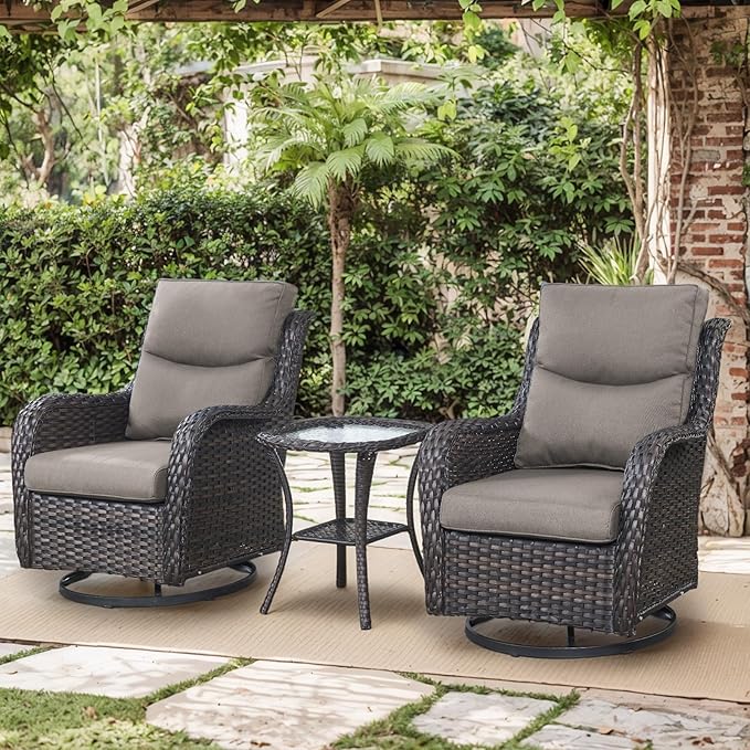 Patio Swivel Chairs with Smile-Shaped Cushions, 3 Piece High Back Patio Swivel Glider Chairs with Side Table 3PCS PE Rattan Luxury Swivel Patio Chairs Set Brown Wicker | Grey Cushions