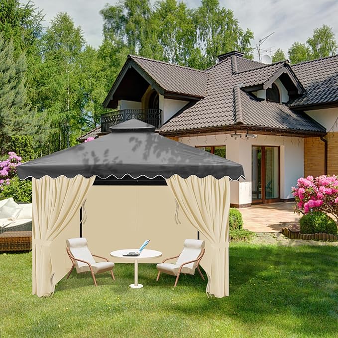 Gazebo Universal Replacement Privacy Curtain, 12'X12' Gazebo Curtains Outdoor Waterproof, 4-Panels Sidewall with Zipper for Patio, Garden and Backyard (Only Curtains, 12'X12', Khaki)