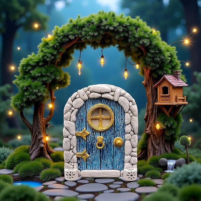 Blue Streak Archway Mini Fairy Garden Door for Tree, 3D Miniature Fairy Door for Fairytale Tiny House Doors, Bonsai Terrarium Micro Landscape Decoration Accessories Garden Miniatures