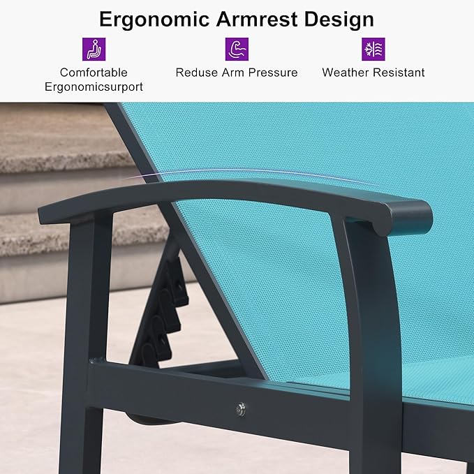 PURPLE LEAF Chaise Lounge Chair Outdoor 2 Pieces Pool Lounge Chairs 5 Adjustable Position with Armrests and Side Table Aluminum Patio Lounge Chair for Outside Backyard Beach Pool, Turquoise Blue