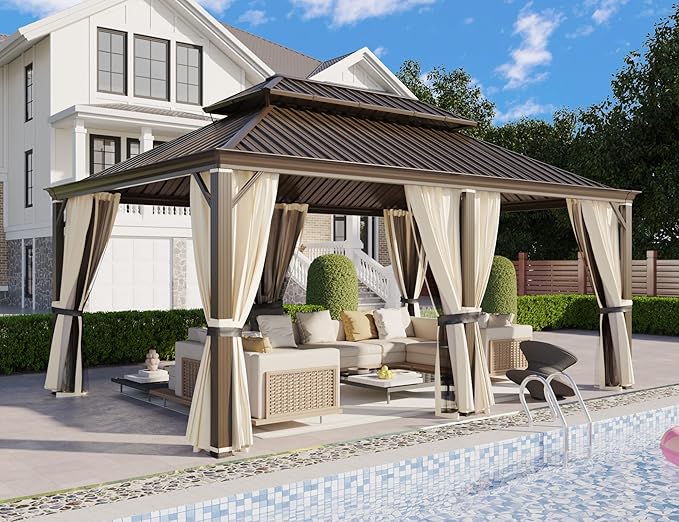 YOLENY 12' x 18' Gazebo, Galvanized Steel Double Roof Hardtop Gazebo with Aluminum Frame, Permanent Outdoor Metal Pavilion with Curtain and Netting for Patio, Lawn and Garden