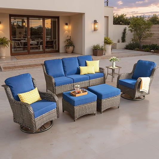 ovios 6 Pieces Patio Furniture Set, Outdoor Wicker Sofa Couch with Swivel Chairs Ottomans Comfy Cushions, High Back All Weather Modern Conversation Sets, Brown Rattan, Navy Blue