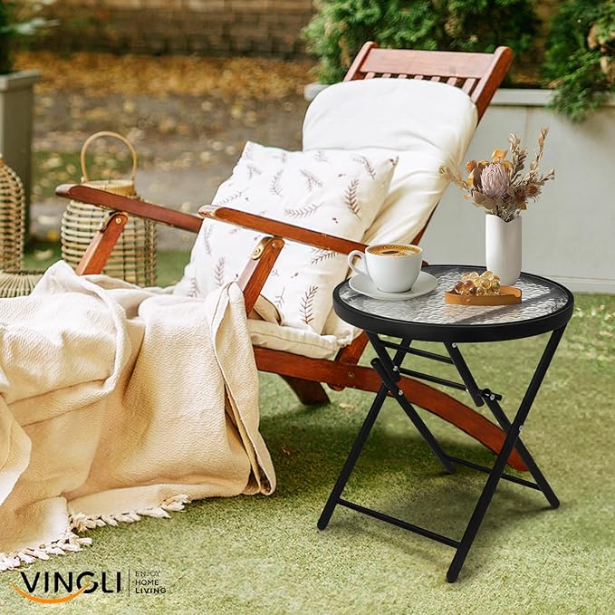 VINGLI Folding Glass Outdoor Side Table, 18 Inches Small Foldable Patio Bistro Table with Tempered Glass Table Top for Lawn & Garden, Balcony, Porch and Pool, Round