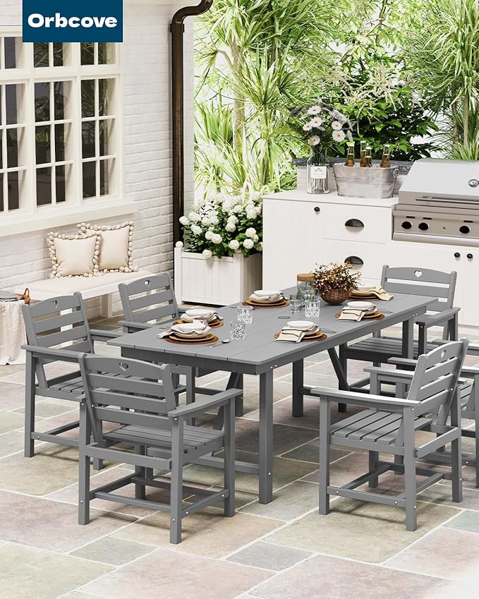 Patio Table and Chairs Set with Umbrella Hole, HDPE Patio Dining Set for 6, Outdoor Dining Set for Lawn, Patio, Porch, Deck, Poolside, Yard (Grey, 7-Piece)