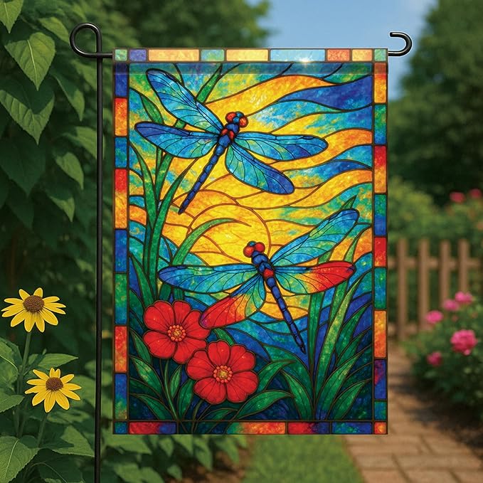 Spring Summer Dragonfly Stained Glass Garden Flag 12x18 Inch Vertical Double Sided Vibrant Outdoor Decor for Yard Lawn Patio Garden Flag for Seasonal Home and Garden Decoration