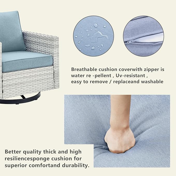 Outdoor Patio Swivel Rocker Chairs - Wicker Patio Swivel Rocking Chairs Set of 2 with Waterproof Wicker,Comfortable Cushions and Sturdy Metal Frame for Outside Porch Deck Backyard(Light Grey/Sky Blue)