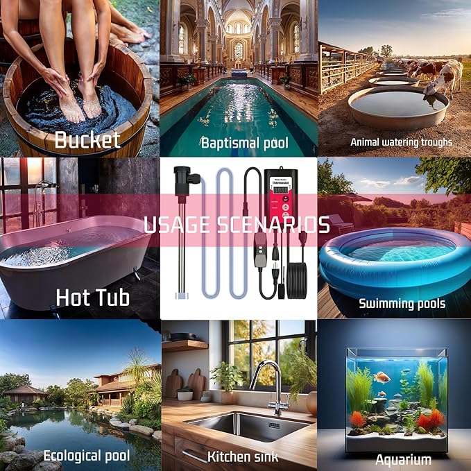 1800W Immersion Water Heater Portable Electric Hot Tub & Pool Fully Submersible Water Heater with Thermostat, GFCI Leakage Protection for Bathtub, Buckets, Swimming Pool, Baptistry, Pools