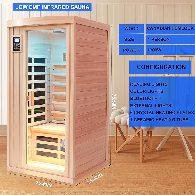 Ceramic Infrared Sauna 1 Person Infrared Sauna Hemlock Far Infrared Saunas for Home 2 in 1 Indoor Sauna Room with Low EMF Heaters + Ceramic Heating Cube-Chromotherapy-Bluetooth Speaker