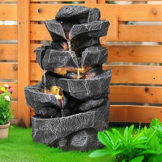 Outdoor 5-Tiers Cascading Rock Water Fountain, Waterfall Fountain with LED Lights, Outdoor Fountains and Waterfalls for Garden or Patio, Yard, and Deck Decor with Natural Stone Look