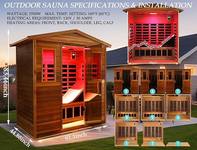 Red Cedar Ultra Low EMF Far Infrared Outdoor Sauna 3 Person with Ergonomic Seat, Mid-IR Beauty Lamp, 1950 W, 7 Infrared Carbon Plate Heaters, Chromotherapy Lamp, Reading Lamp, Bluetooth Speaker
