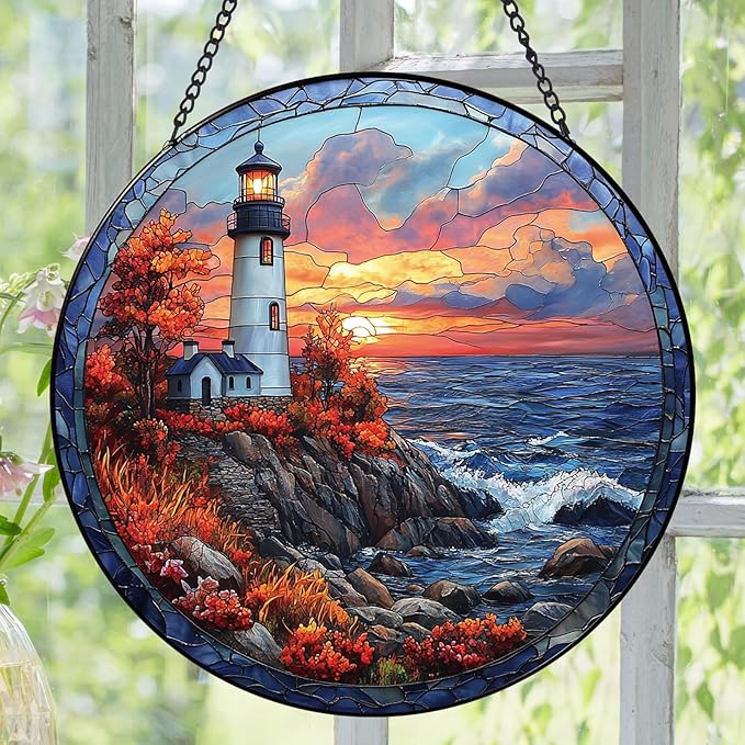 Coastal Lighthouse in Autumn Suncatcher -7.9 in Stained Glass Window Hanging Sun Catcher Garden Decor