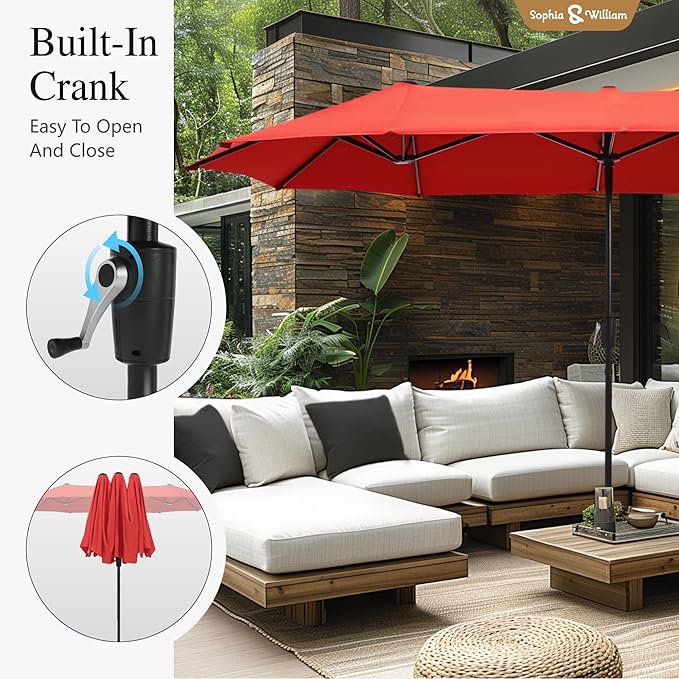 Sophia & William Patio Set with Umbrella Patio Dining Set for 6 with 13ft Rectangle Patio Umbrella Red, 6 x Patio Chairs Blue, 1 Wood Like Outdoor Dining Table with Umbrella Hole for Lawn Garden