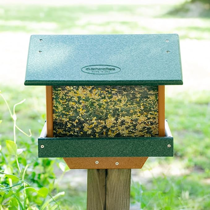 DutchCrafters Poly Large Hopper Bird Feeder Post Mount for 4" x 4", Wild Songbird Bird Seed Feeder for Outdoor, Outside, Garden, Yard - Amish Made in USA (Post Mount, Turf Green & Cedar)