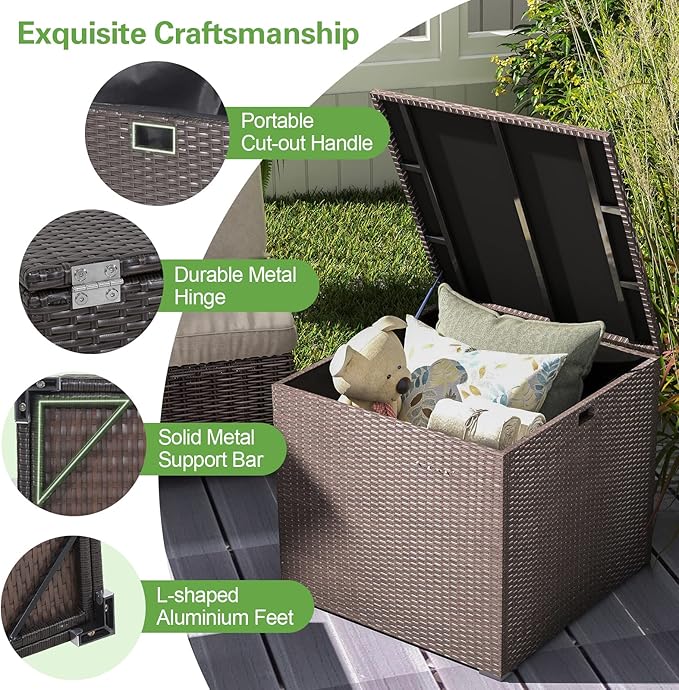 HAPPYGRILL Outdoor Storage Deck Box, 72 Gallon Square Wicker Patio Rattan Storage Container with Zippered Liner & Safe Pneumatic Rod, Outdoor Wicker Deck Box for Garden Tools Cushions