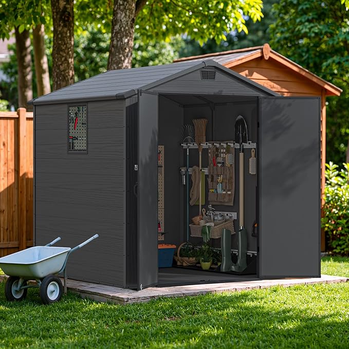 Devoko 6x6 FT Plastic Outdoor Storage Shed - Lockable Resin Tool Shed with Window & Floor - Easy Assembly for Garden, Backyard, Deep Gray