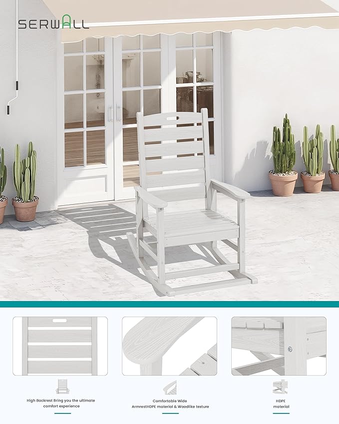 SERWALL Outdoor Rocking Chair Set of 4, Oversized HDPE Patio Rocking Chair with Footrest for Adults, All Weather Porch Rocker for Deck Patio Balcony, White