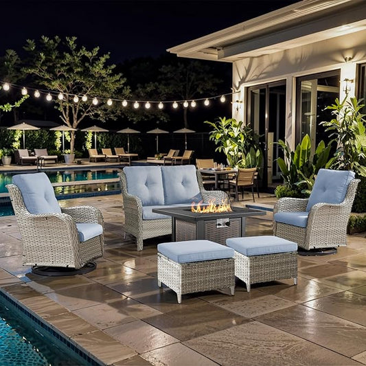 6 Pieces Patio Furniture Set with Fire Pit Table, Wicker Rattan Outdoor Furniture Set with Loveseat and Swivel Chairs for Yard, Deck, Garden, Light Beige Wicker/Light Blue Cushion