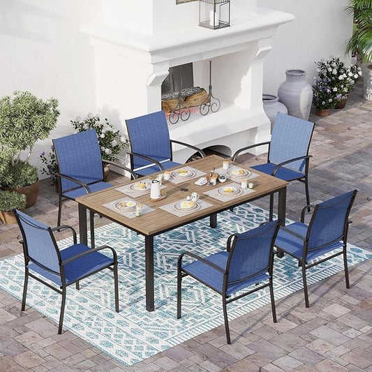 7 Piece Outdoor Dining Set, Rectangular Wood-Like Table with Umbrella Hole, Patio Dining Set for Outdoor Kitchen Lawn Garden,Backyard,Deck