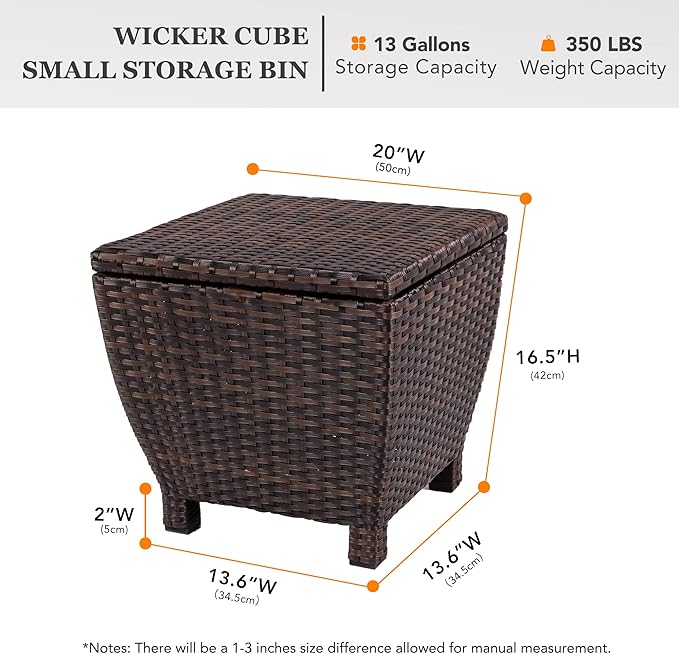 Outdoor Wicker Storage Box with Cover, 13 Gallon PE Rattan Deck Box for Outside with Waterproof Liner, Patio Storage Chest with Hinged Lid for Cushions, Pillows, Towels, Horizontal Bin, Brown