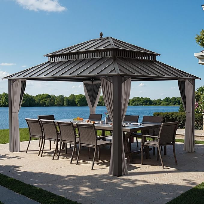SUNJOY Kingston 14' x 12' Hardtop Gazebo with Galvanized Steel Double Roof, Curtain and Netting, Brown Aluminum Posts Permanent Pavilion Gazebo for Garden, Patio, Deck, Lawn