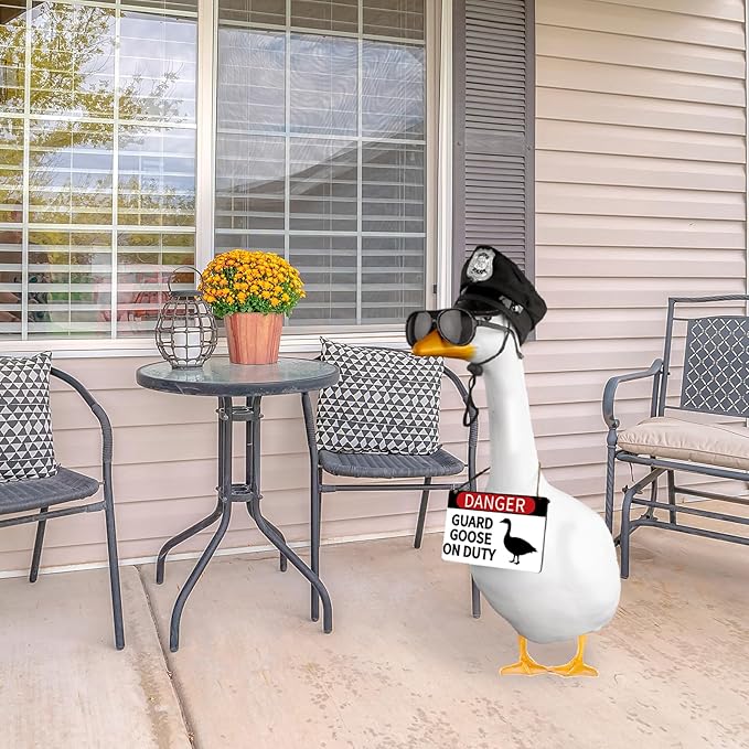 CAMDUCK 3 Pcs Porch Goose Accessories Porch Goose Sign Goose Police Hat Eyeglasses Wooden Gooses Warning Sign Danger Guard Goose on Duty Warning Sign Goose Outfits Decor for Yard Porch Lawn
