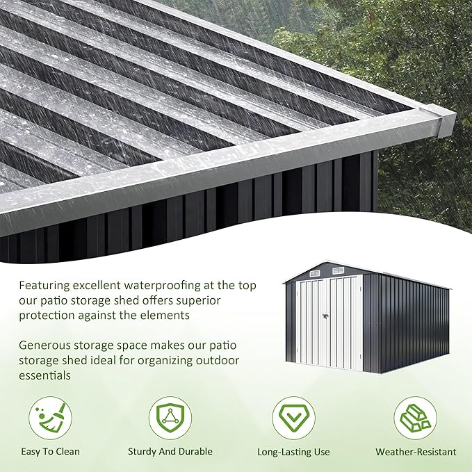 8x12 FT Outdoor Storage Shed, Metal Garden Tool Shed with Updated Frame Structure and Lockable Doors, Ideal for Backyard Garden Patio Lawn, Grey