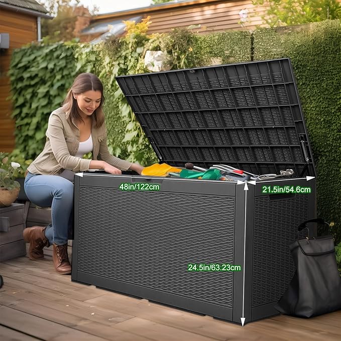 120 Gallon Outdoor Storage Box,Waterproof Lockable Resin Deck Box,Storage Container with Reinforced Support for Patio Cushions, Furniture Supplies, Garden Tools, UV-Resistant Outdoor Chest (Black)