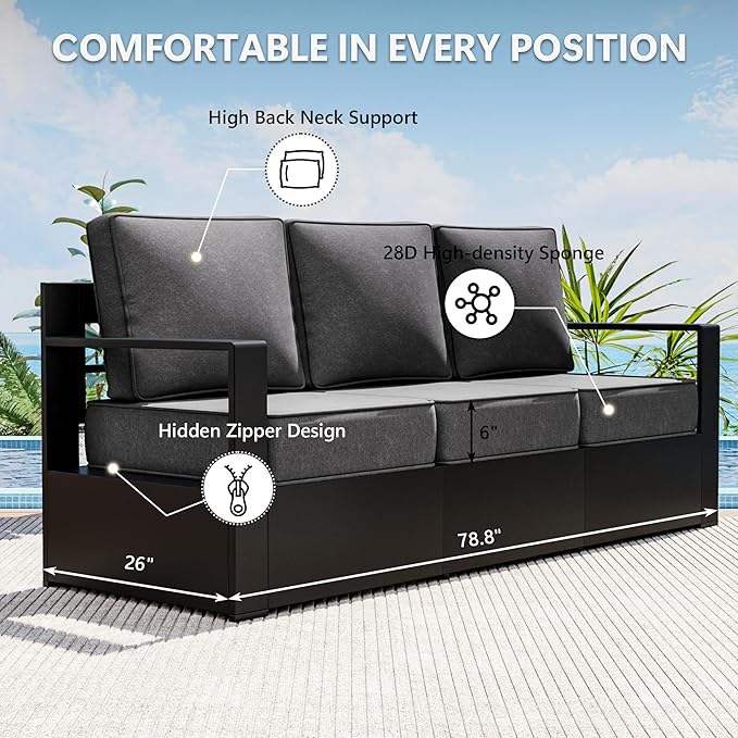 Outdoor Patio Furniture Aluminum Patio Sofa, All-Weather Metal Outdoor Couch with 6 Inch Thick Cushions for Garden, Outside and Porch (Grey, 1 PCS/Sofa)